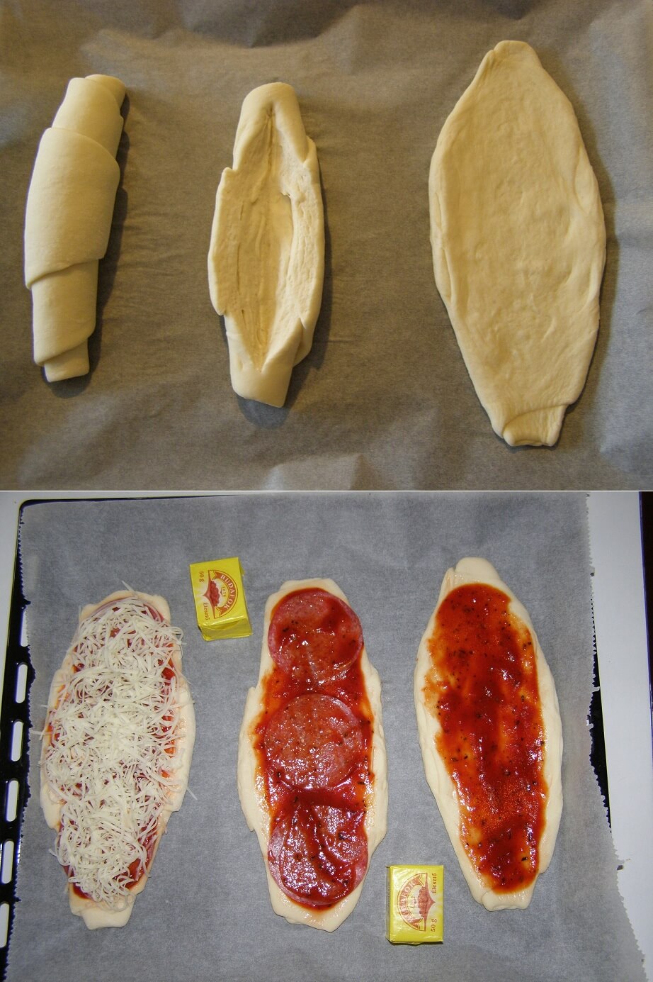 Pizzás stangli elkészítésének 1. lépése